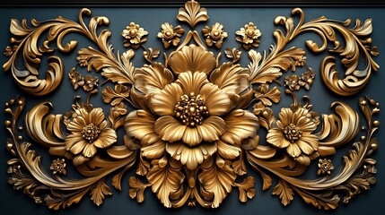 Ornate 3D golden filigree swirling floral and leaf motifs in an opulent Baroque design set against a clean minimalistic backdrop for a regal Renaissanceinspired look