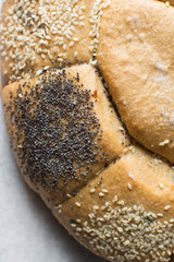 Overhead view of mold on bread, top view of moldy bread, expired spoiled bread with moldy crust