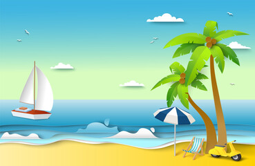 Sea sunny beach travel landscape with seashore, sand, palm tree, sailboat, moped, protective umbrella and deck chair lounge area craft paper cut art vector illustration. Topical summer vacation