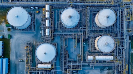 Aerial view of industrial complex with large storage tanks