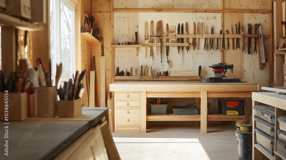 Poster a tranquil woodworking studio with tools and timber, workshop tools arranged in a well-lit space, co