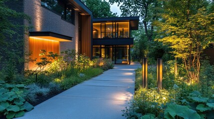 Illuminated pathway in front of a modern house, soft lighting highlighting the garden lush plants and sleek design elements.