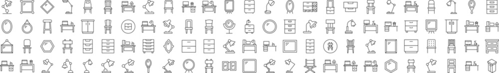 Furniture for Interior Related Simple Symbol Set. Contains Icons of Workplace, Mirror, Chair, Table Lamp for Banners, Infographics, Books, Articles and Other Types of Design
