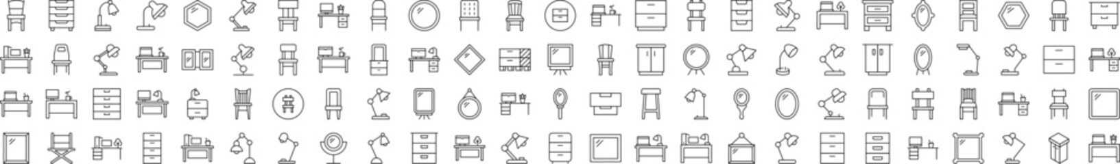 Furniture for Interior Related Outline Symbol Set. Contains Icons of Workplace, Mirror, Chair, Table Lamp for Banners, Infographics, Books, Articles and Other Types of Design