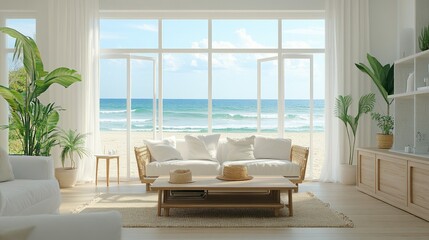 Inviting living room with coastal decor, large windows revealing a beach view, and soft, neutral tones creating a relaxing ambiance