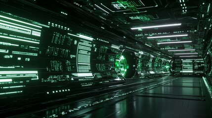 Fototapeta premium Technological Innovation Hub - Futuristic 3D Render with Dynamic Digital Screens and Glowing Interfaces