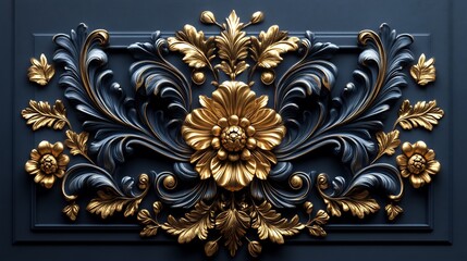 Ornate 3D golden filigree swirling floral and leaf motifs in an opulent Baroque design set against a clean minimalistic backdrop for a regal Renaissanceinspired look