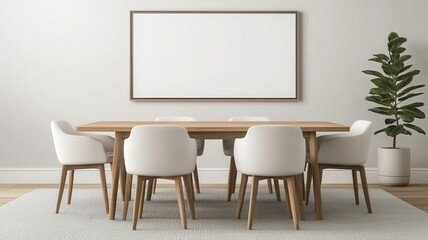 Stylish modern dining room featuring a sleek wooden table and a blank frame ready for personalization.