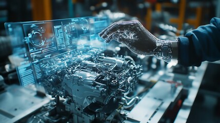 A worker's hand interacts with a holographic display showing a car engine in a factory setting.
