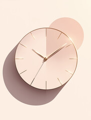 A minimalist pink clock with gold accents and hands on a light pink background. The clock is casting a shadow, adding a touch of depth to the composition.