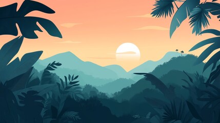 Flat Illustration of Tropical Sunset Over Lush Mountains
