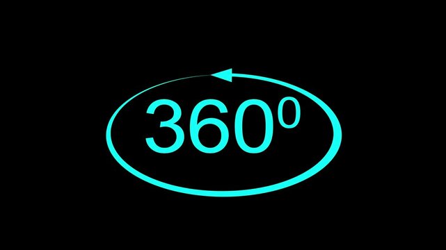 360 degree arrow rotate view animation icon on black background. 4k video