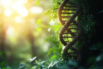 A close-up view of a DNA helix entwined with greenery in a sunlit forest setting