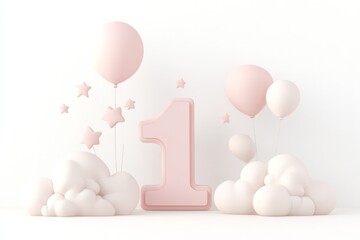 1th birthday background, pink number 1 balloons and birthday decoration