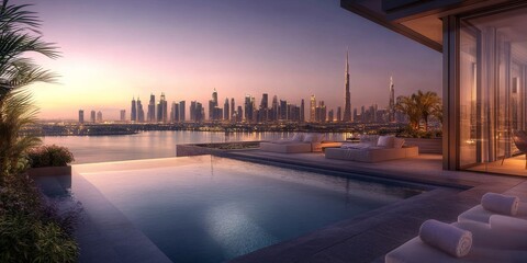 A luxurious penthouse apartment with a private rooftop garden and infinity pool, overlooking the city at dusk, reflecting elegance and exclusivity.