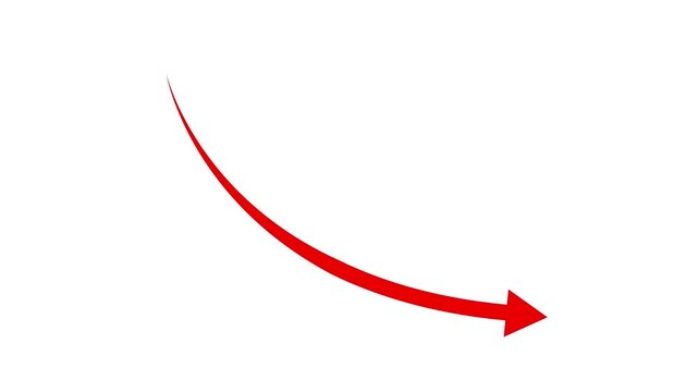 Red color down curve arrow animation icon on white background.