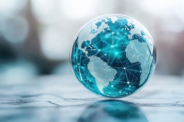 A blue and white globe representing global connectivity and technology on a reflective surface