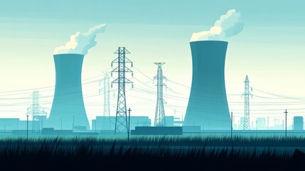 Industrial Cooling Towers and Power Lines Landscape