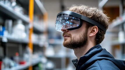 A young man wearing VR glasses in a warehouse.  The glasses display a digital network, suggesting a use in warehouse management or inventory control.