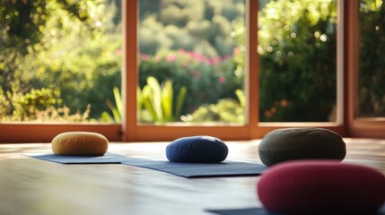 A tranquil yoga retreat with mats and meditation cushions, Mindful yoga practice style, photo of