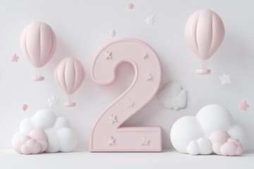 2th birthday background, pink number 2 balloons and birthday decoration