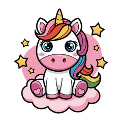 Cute unicorn sitting on cloud cartoon illustration