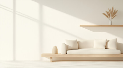 A white couch sits in a room with a window that lets in sunlight