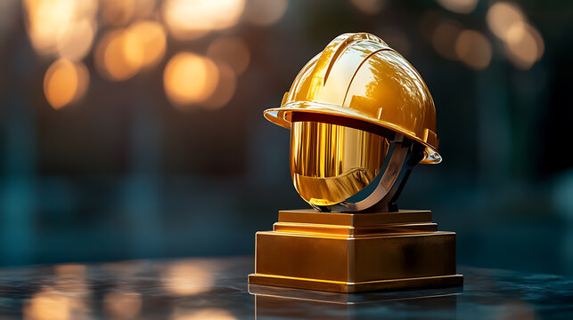 A golden construction helmet trophy sits on a table, the warm glow of the setting sun reflecting in its polished surface. It symbolizes excellence and achievement in the construction industry.