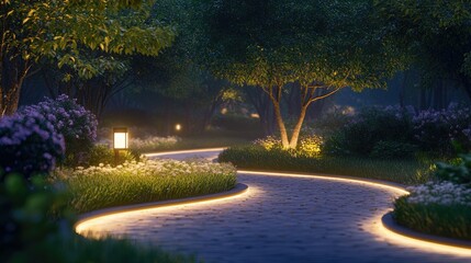 Obraz premium Modern pathway lights along a garden path, soft glow illuminating the path curve, highlighting the elegance of the landscaping design.