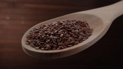 Flax Seeds on Wooden Spoon with Dark Background
