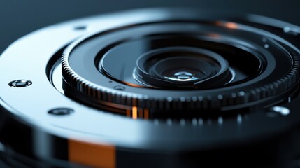 A close-up of a cutting-edge drone camera lens with intricate details and reflections, clean desk with a focus on lens technology, Innovative style