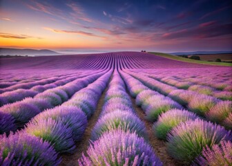 Soft Lavender Fields Stretching Towards the Horizon Under a Clear Blue Sky in Gentle Rolling Landscape