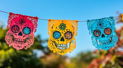 Colorful papel picado fluttering in the wind Brightly colored papel picado banners, intricately cut with skull and floral designs, strung across a plaza under a clear blue sky.