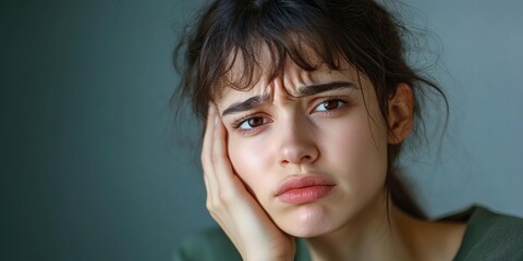 Naklejka premium A person holding their cheek with a pained expression, highlighting the discomfort of throbbing tooth pain. Subtle swelling along the jawline emphasizes the severity of the issue.