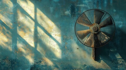Old electric fan on a weathered wall, sunlight streaming through, creating streaks and shadows that emphasize a rustic, nostalgic atmosphere.