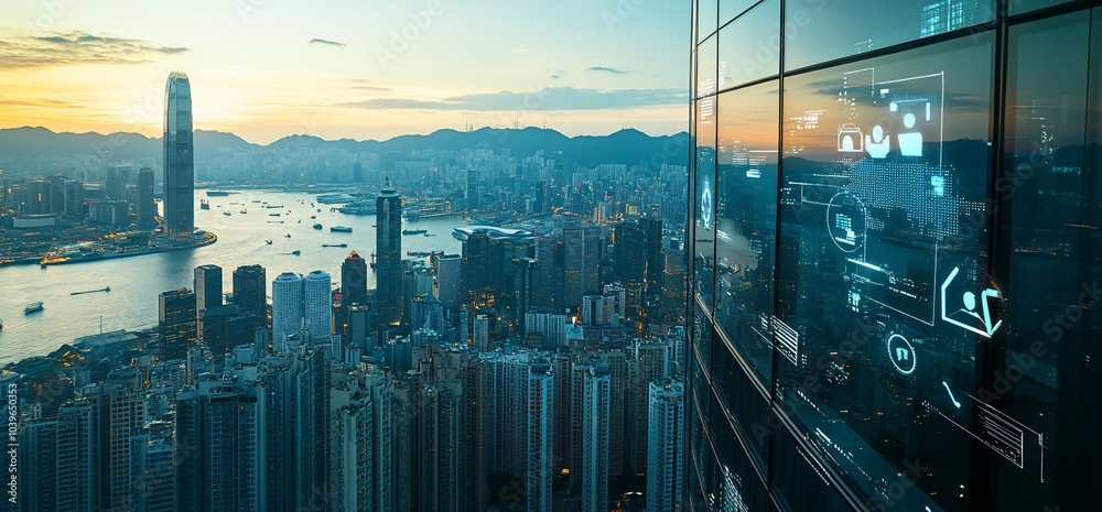 Poster An aerial view of a city skyline with a glass building with digital interface icons on the window.