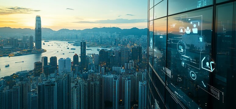 An aerial view of a city skyline with a glass building with digital interface icons on the window.