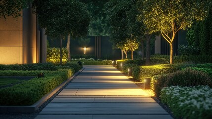 Obraz premium Pathway lights illuminating a well-designed modern garden, lush greenery and structured hedges creating a refined front yard aesthetic.