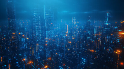 Fototapeta premium A futuristic cityscape illuminated by a vibrant blue glow, with towering skyscrapers connected by a network of luminous lines.