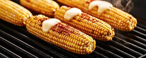Grilled corn on the cob with butter, smoky flavor, delicious summer treat.