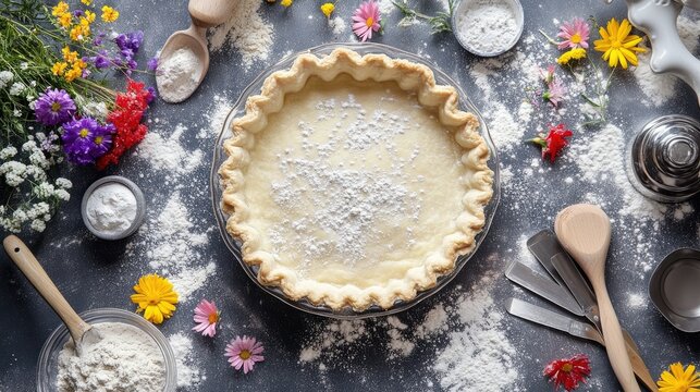 Raw pie shell in a baking dish surrounded by flour, utensils, and a splash of bright flowers on a clean countertop