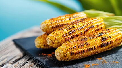 Grilled corn on black slate with a blurred background.