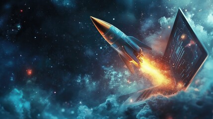 Rocket emerging from a laptop screen with a dramatic cosmic sky in the background, illustrating ideas taking off from digital platforms