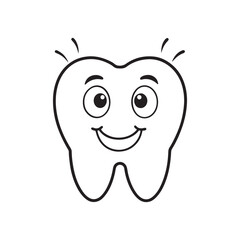 Cute cartoon kawaii smiling funny face character, Happy Tooth outline Icon in Cartoon Style, Black and White vector illustration.