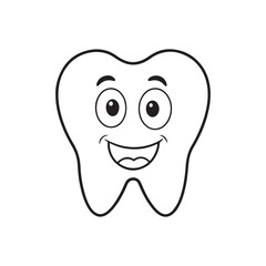 Cute cartoon kawaii smiling funny face character, Happy Tooth outline Icon in Cartoon Style, Black and White vector illustration.
