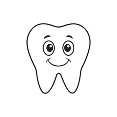 Cute cartoon kawaii smiling funny face character, Happy Tooth outline Icon in Cartoon Style, Black and White vector illustration.