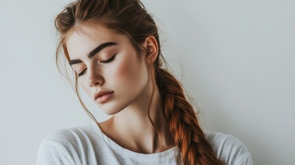 Fototapeta premium A woman with long red hair wears a white T-shirt with her eyes closed to the side