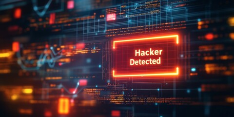 A system alert warning of a cyber attack, with a red exclamation mark and text reading "Hacker Detected" on a sleek digital interface.