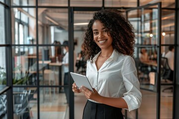 A woman wearing a suit is using a tablet in an office environment