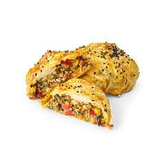 Pastry, cheese pie, tomato pie isolated white background and vegetables.